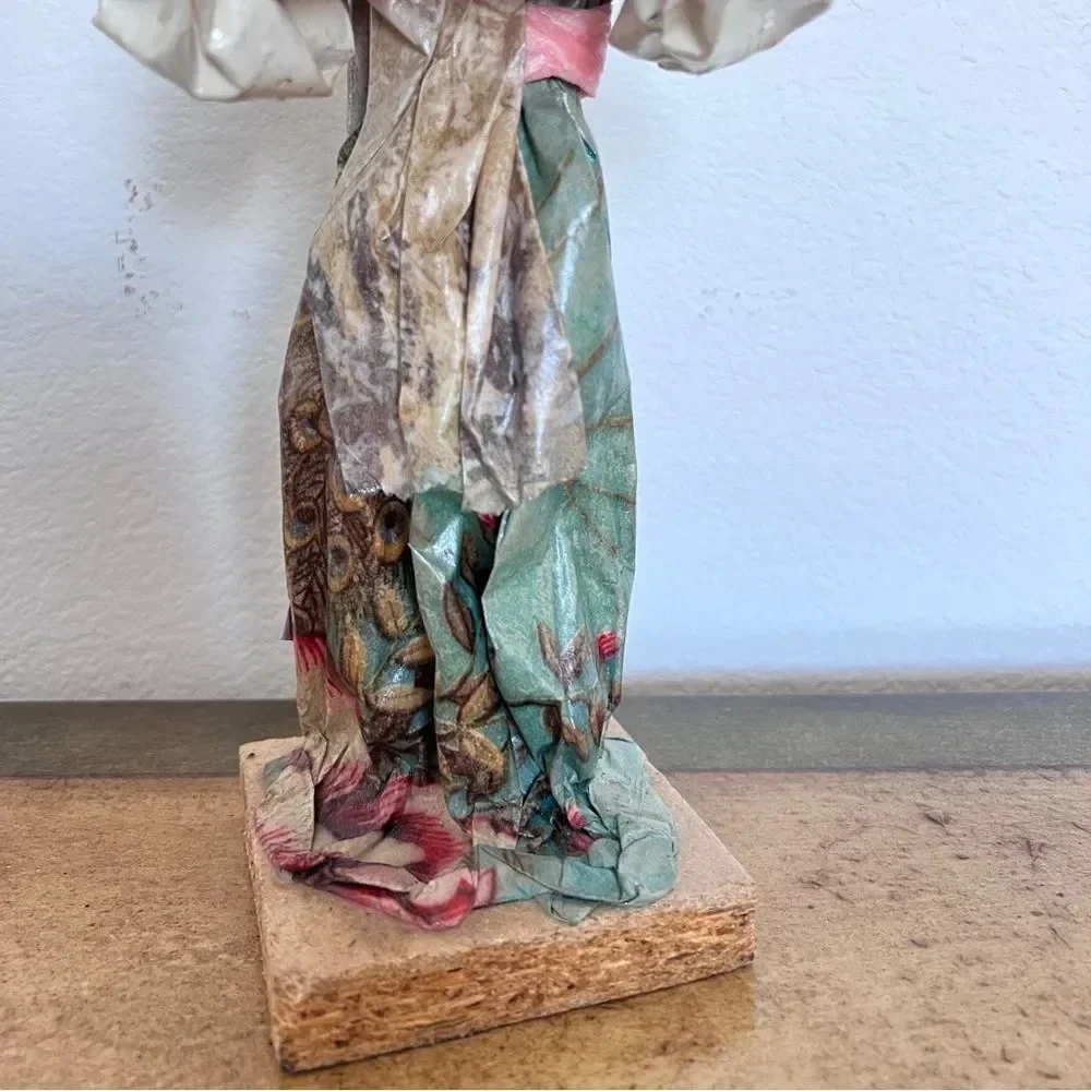 Paper Mache Old Woman Carrying‎ Beans in a Basket Crate Folk Art Figure size 12”